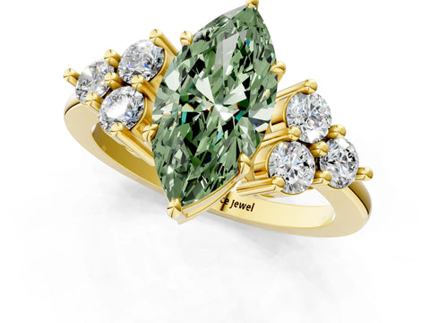 Yellow gold Fancy Green Marquise Cut Brilliant Diamond Cluster Accent Solitaire Ring with Prong Setting_1