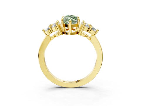 Yellow gold Fancy Green Marquise Cut Brilliant Diamond Cluster Accent Solitaire Ring with Prong Setting_3