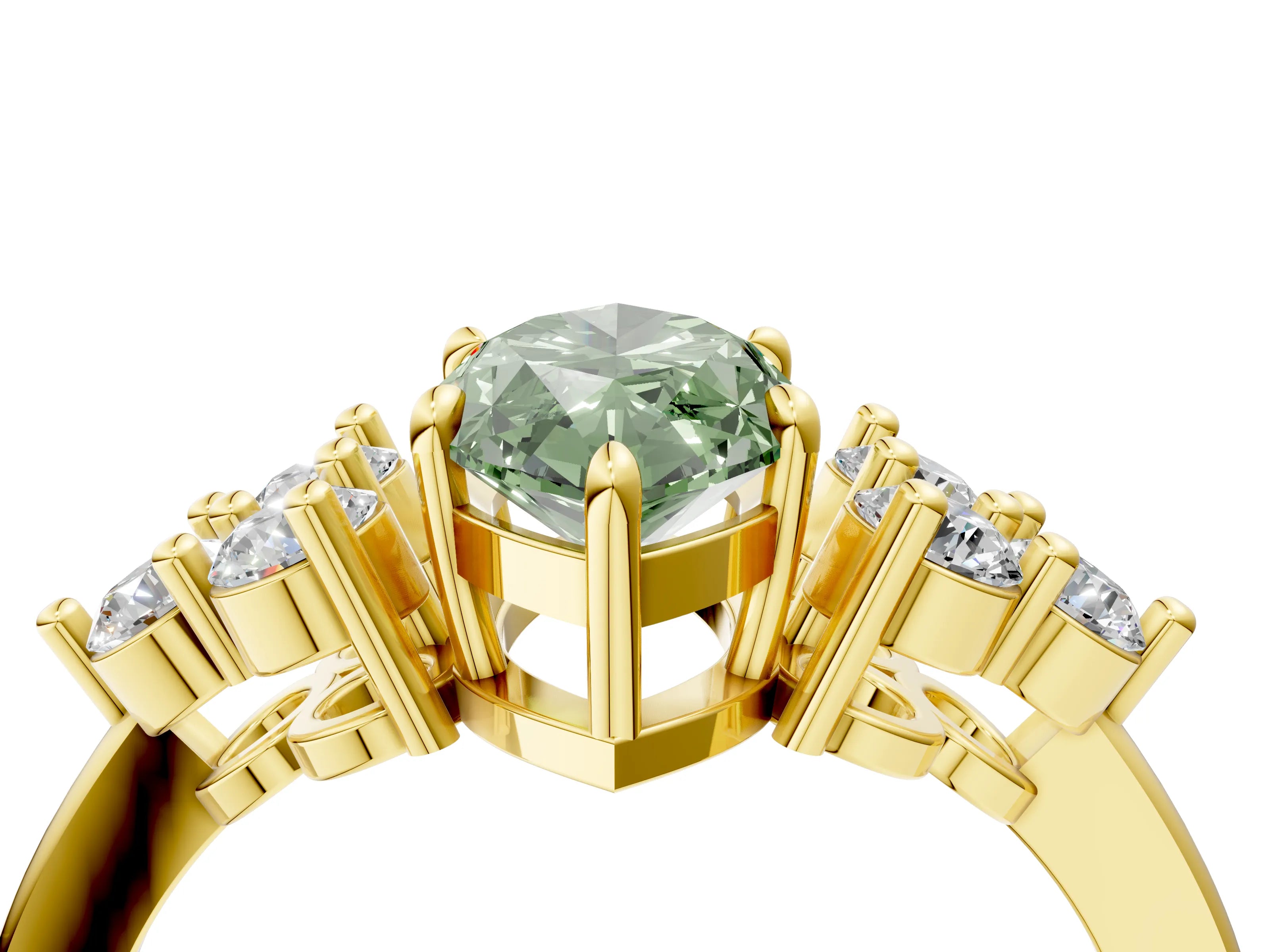Yellow gold Fancy Green Marquise Cut Brilliant Diamond Cluster Accent Solitaire Ring with Prong Setting_4