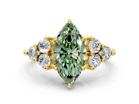 Yellow gold Fancy Green Marquise Cut Brilliant Diamond Cluster Accent Solitaire Ring with Prong Setting