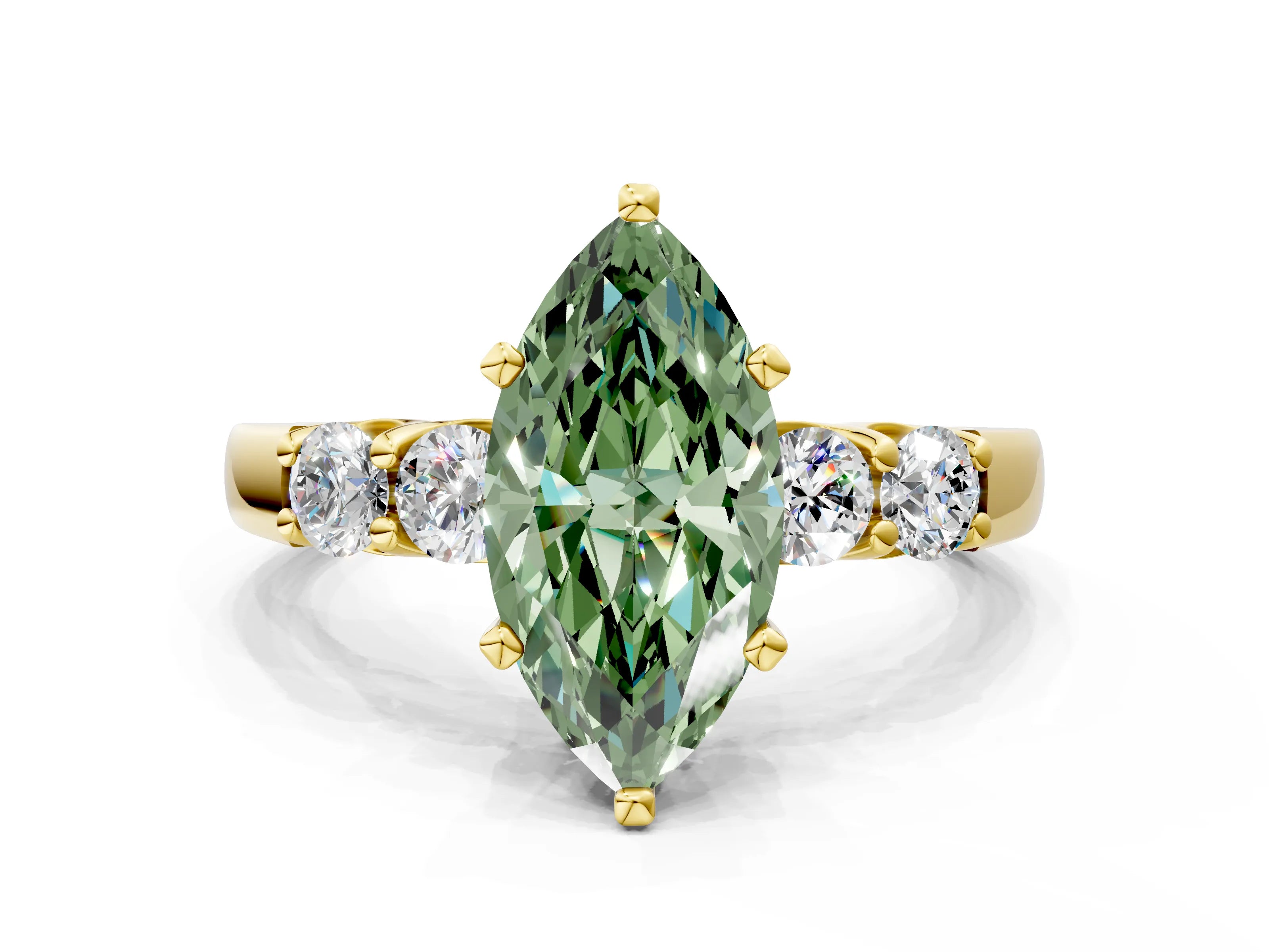 Yellow gold Fancy Green Marquise Cut Brilliant Diamond Five-Stone Engagement Ring with Prong Setting on a Classic Band_3