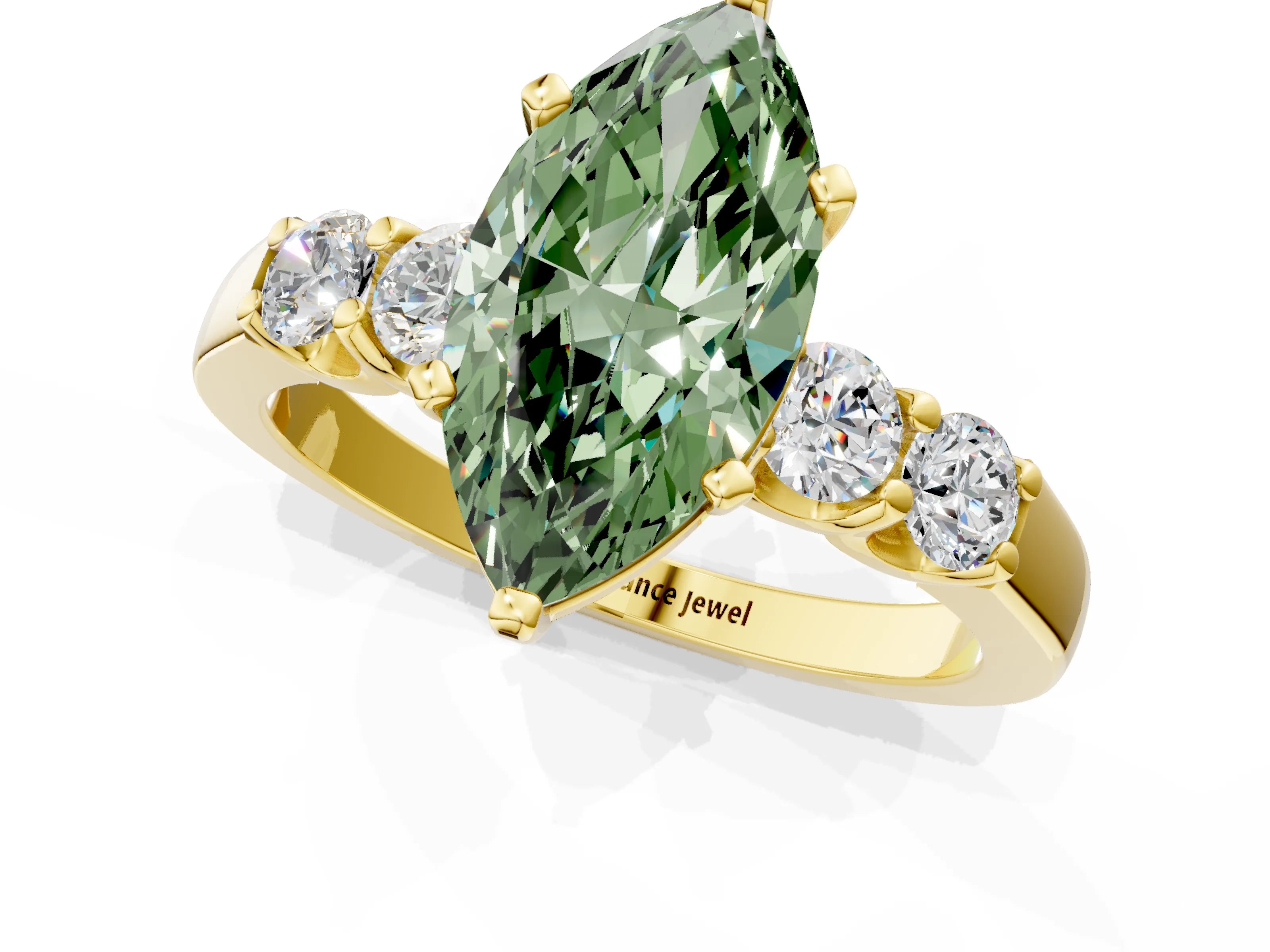 Yellow gold Fancy Green Marquise Cut Brilliant Diamond Five-Stone Engagement Ring with Prong Setting on a Classic Band_4