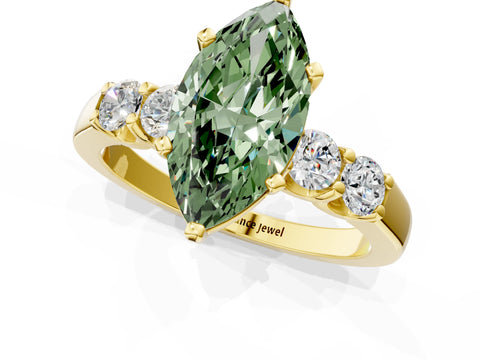 Yellow gold Fancy Green Marquise Cut Brilliant Diamond Five-Stone Engagement Ring with Prong Setting on a Classic Band_4