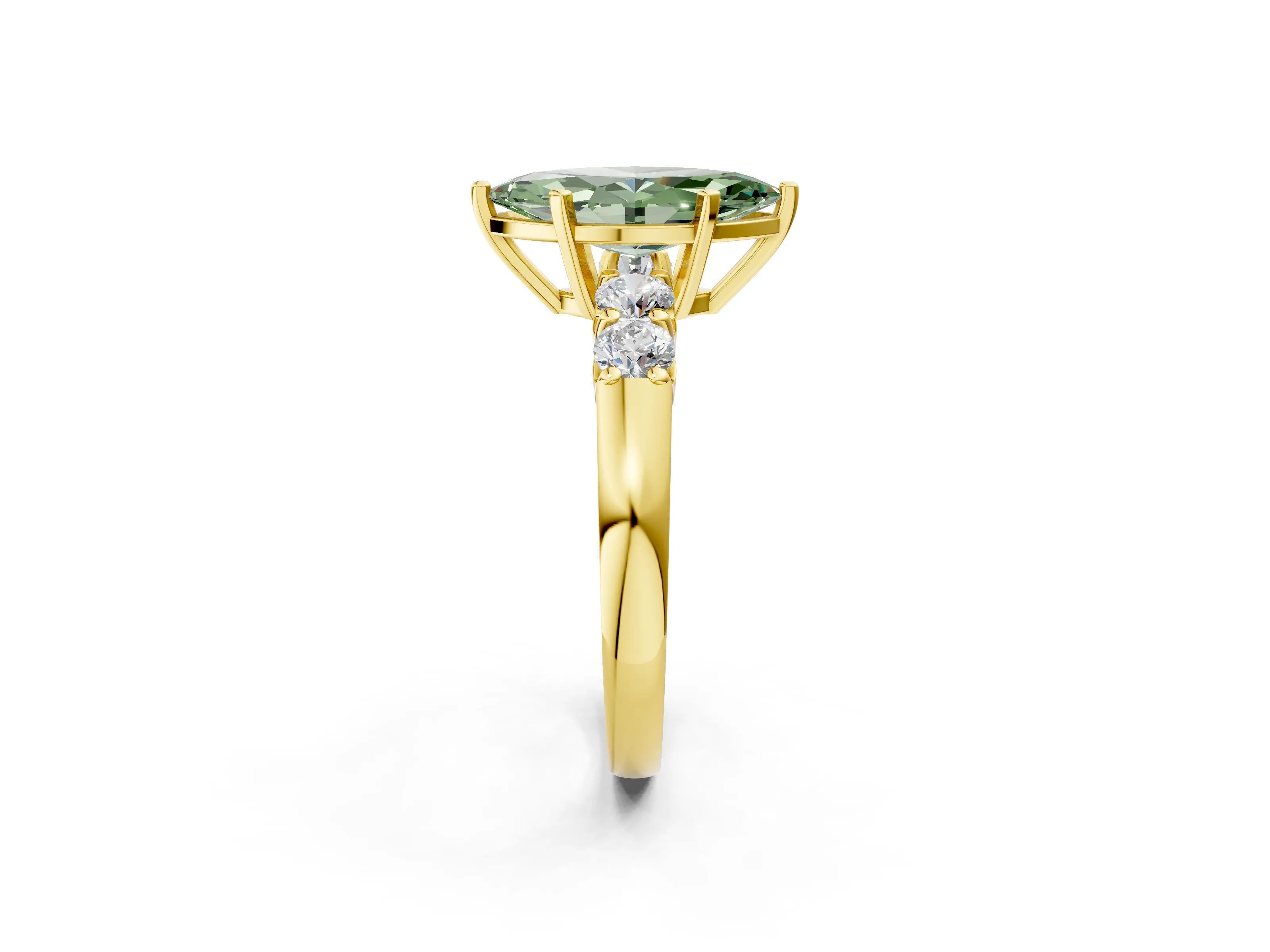 Yellow gold Fancy Green Marquise Cut Brilliant Diamond Five-Stone Engagement Ring with Prong Setting on a Classic Band_5
