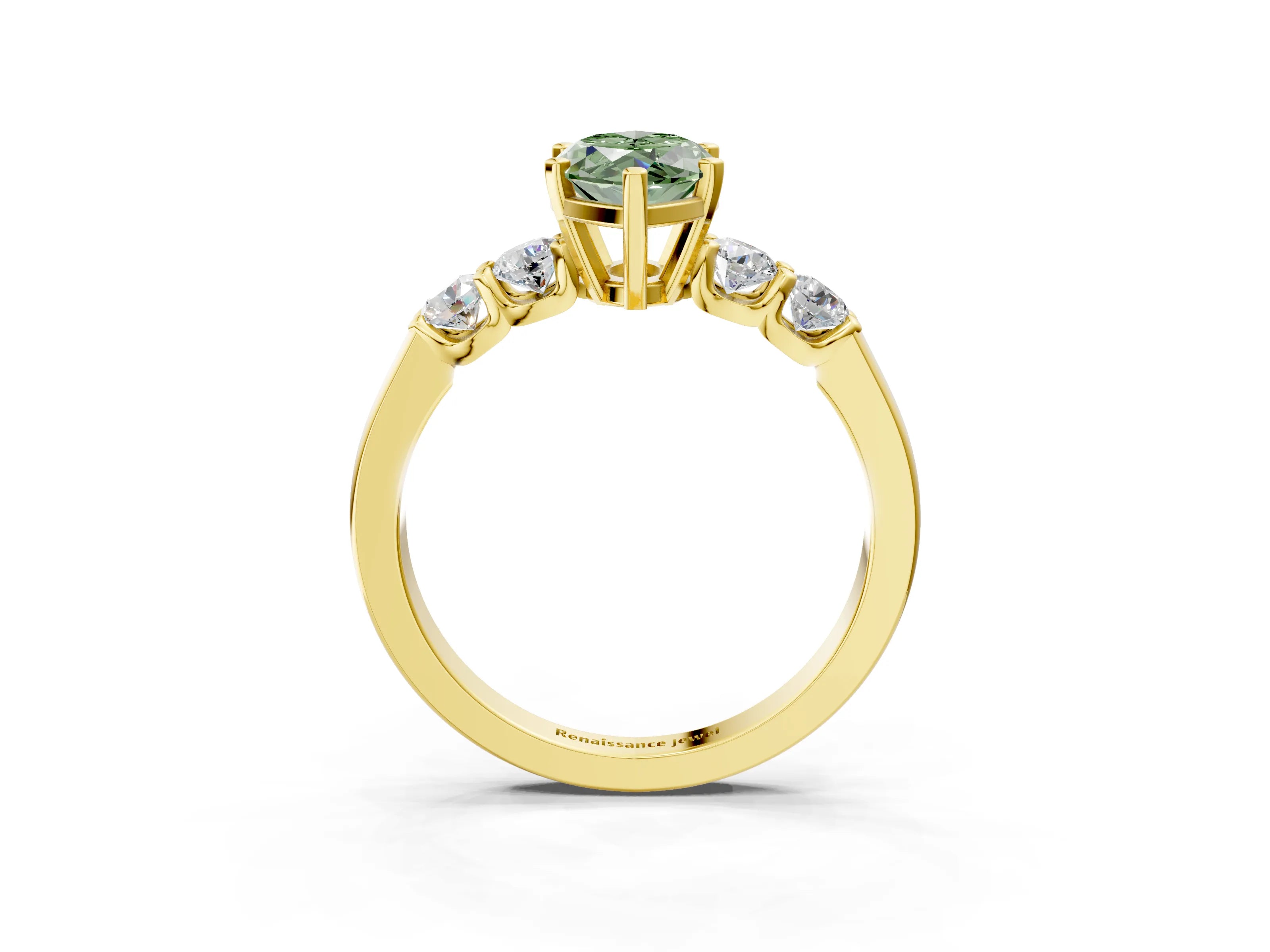 Yellow gold Fancy Green Marquise Cut Brilliant Diamond Five-Stone Engagement Ring with Prong Setting on a Classic Band_6