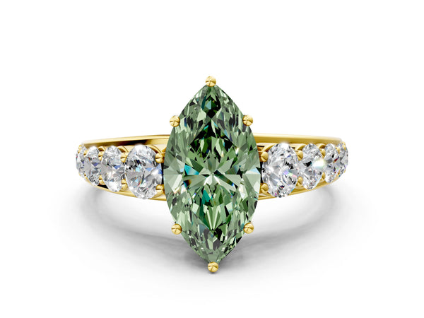 Yellow gold Fancy Green Marquise Cut Brilliant Diamond Pavé Band with Six-Prong Setting