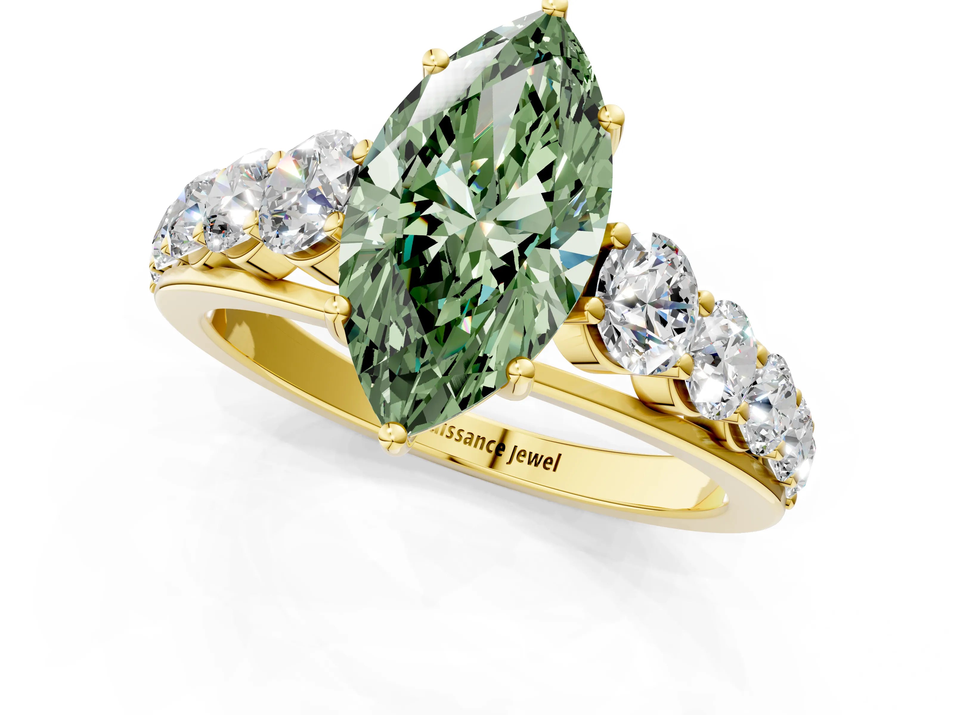 Yellow gold Fancy Green Marquise Cut Brilliant Diamond Pavé Band with Six-Prong Setting_1