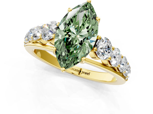 Yellow gold Fancy Green Marquise Cut Brilliant Diamond Pavé Band with Six-Prong Setting