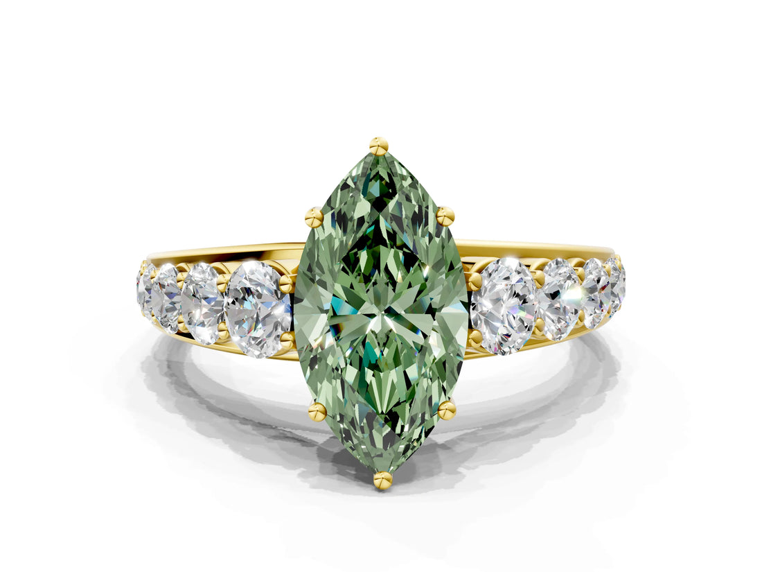 Yellow gold Fancy Green Marquise Cut Brilliant Diamond Pavé Band with Six-Prong Setting_12