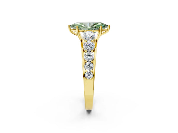 Yellow gold Fancy Green Marquise Cut Brilliant Diamond Pavé Band with Six-Prong Setting