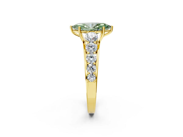 Yellow gold Fancy Green Marquise Cut Brilliant Diamond Pavé Band with Six-Prong Setting