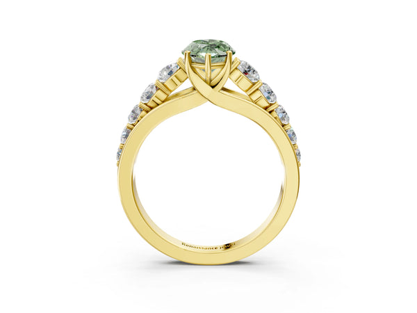 Yellow gold Fancy Green Marquise Cut Brilliant Diamond Pavé Band with Six-Prong Setting