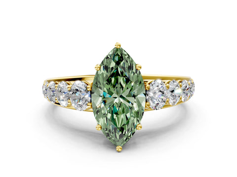 Yellow gold Fancy Green Marquise Cut Brilliant Diamond Pavé Band with Six-Prong Setting