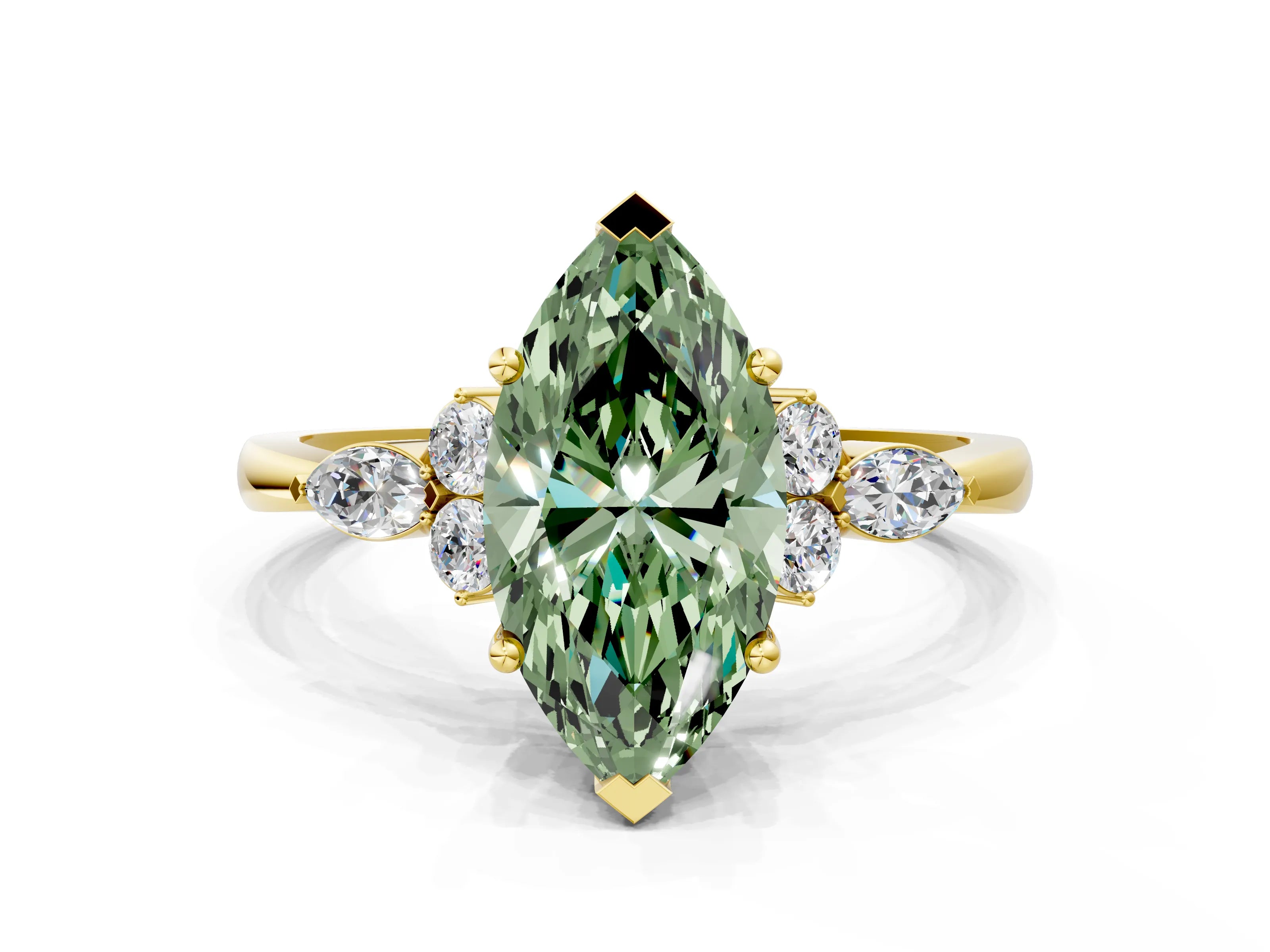 Yellow gold Fancy Green Marquise Cut Brilliant Diamond Solitaire Ring with Pear Side Stones and Four-Prong Setting_3