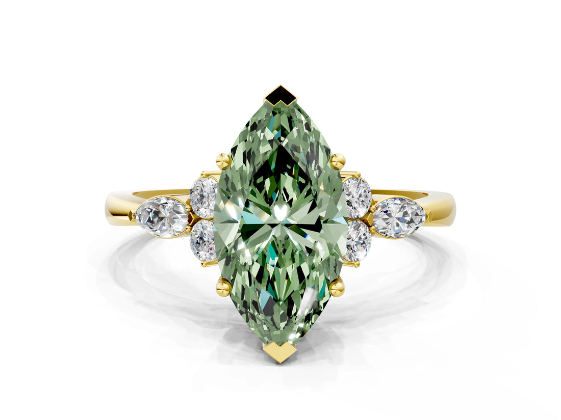 Yellow gold Fancy Green Marquise Cut Brilliant Diamond Solitaire Ring with Pear Side Stones and Four-Prong Setting_3