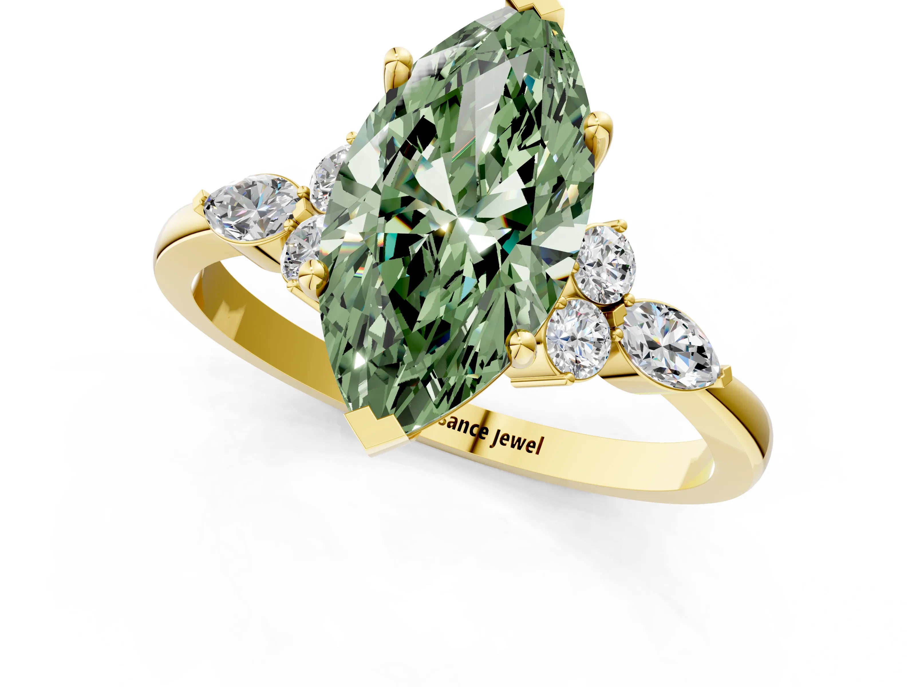 Yellow gold Fancy Green Marquise Cut Brilliant Diamond Solitaire Ring with Pear Side Stones and Four-Prong Setting_4