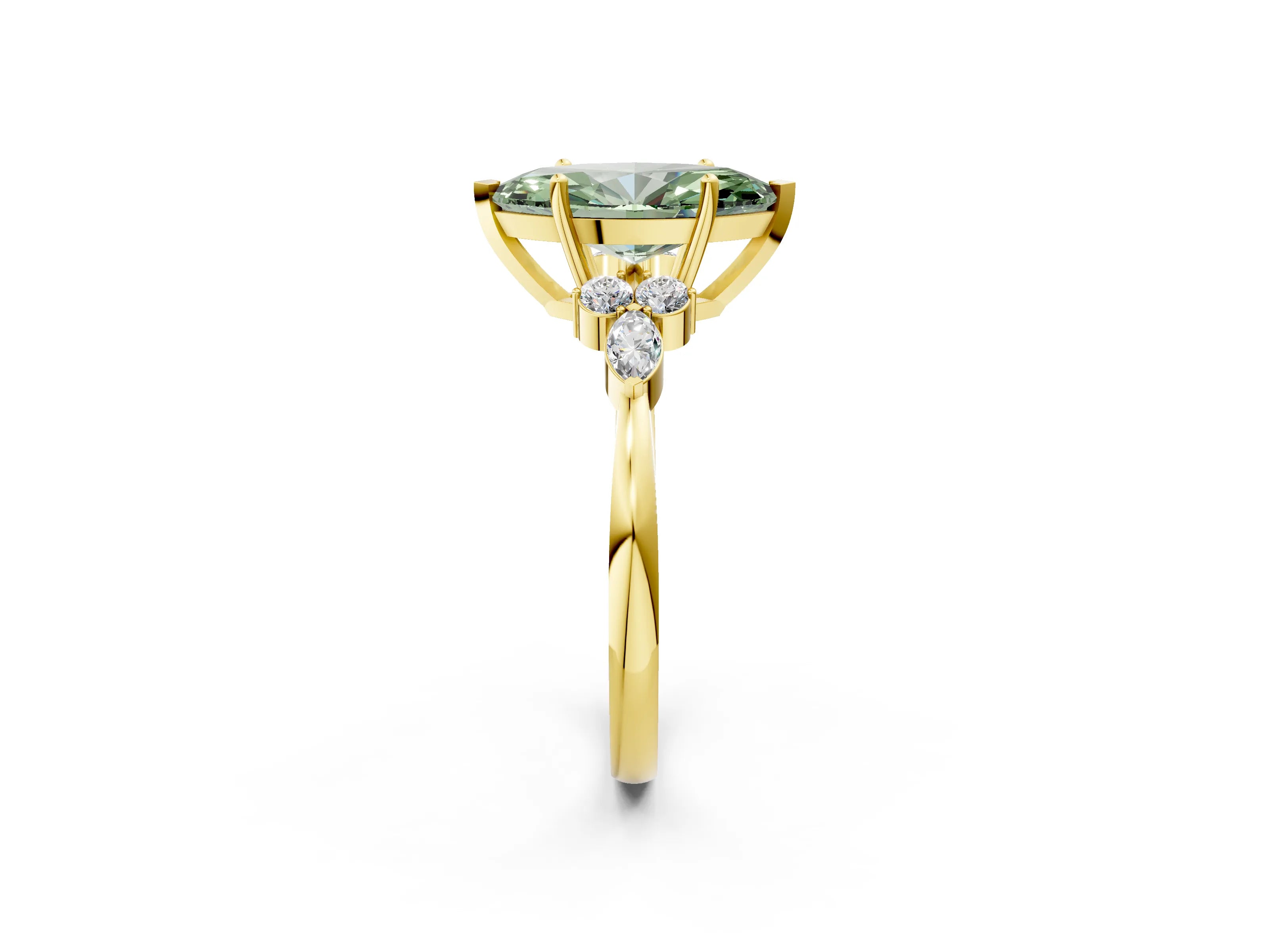 Yellow gold Fancy Green Marquise Cut Brilliant Diamond Solitaire Ring with Pear Side Stones and Four-Prong Setting_5