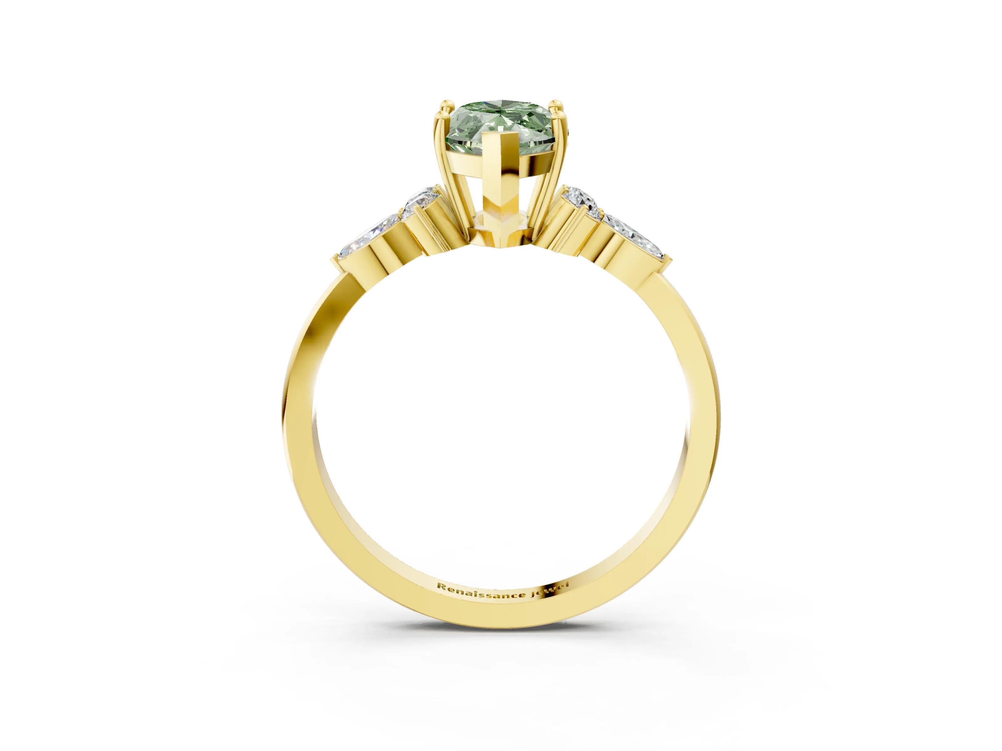 Yellow gold Fancy Green Marquise Cut Brilliant Diamond Solitaire Ring with Pear Side Stones and Four-Prong Setting_6