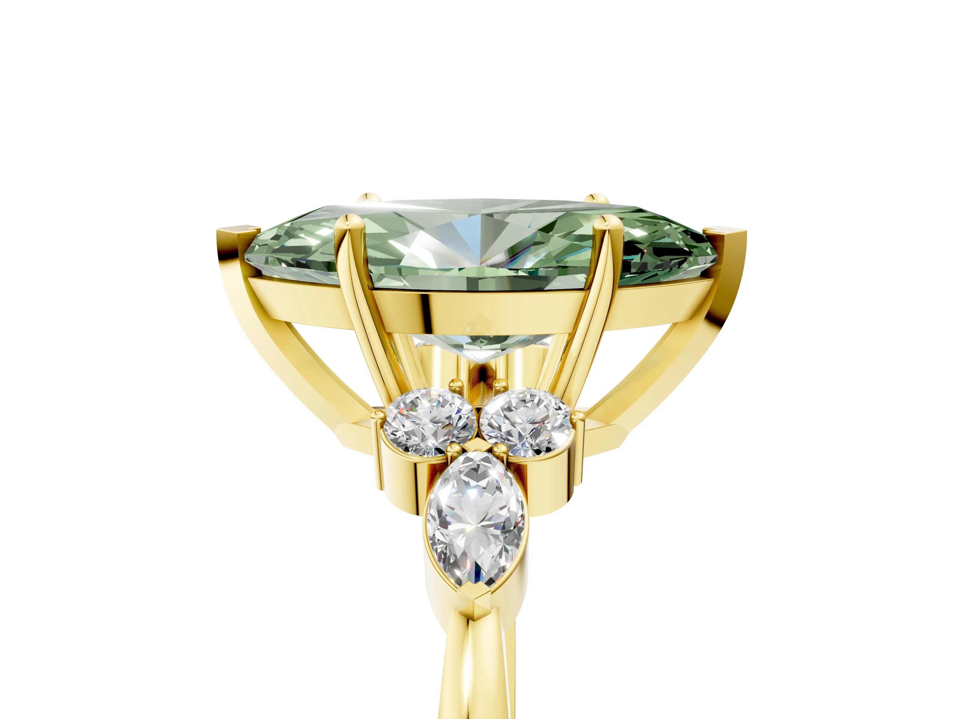 Yellow gold Fancy Green Marquise Cut Brilliant Diamond Solitaire Ring with Pear Side Stones and Four-Prong Setting_8