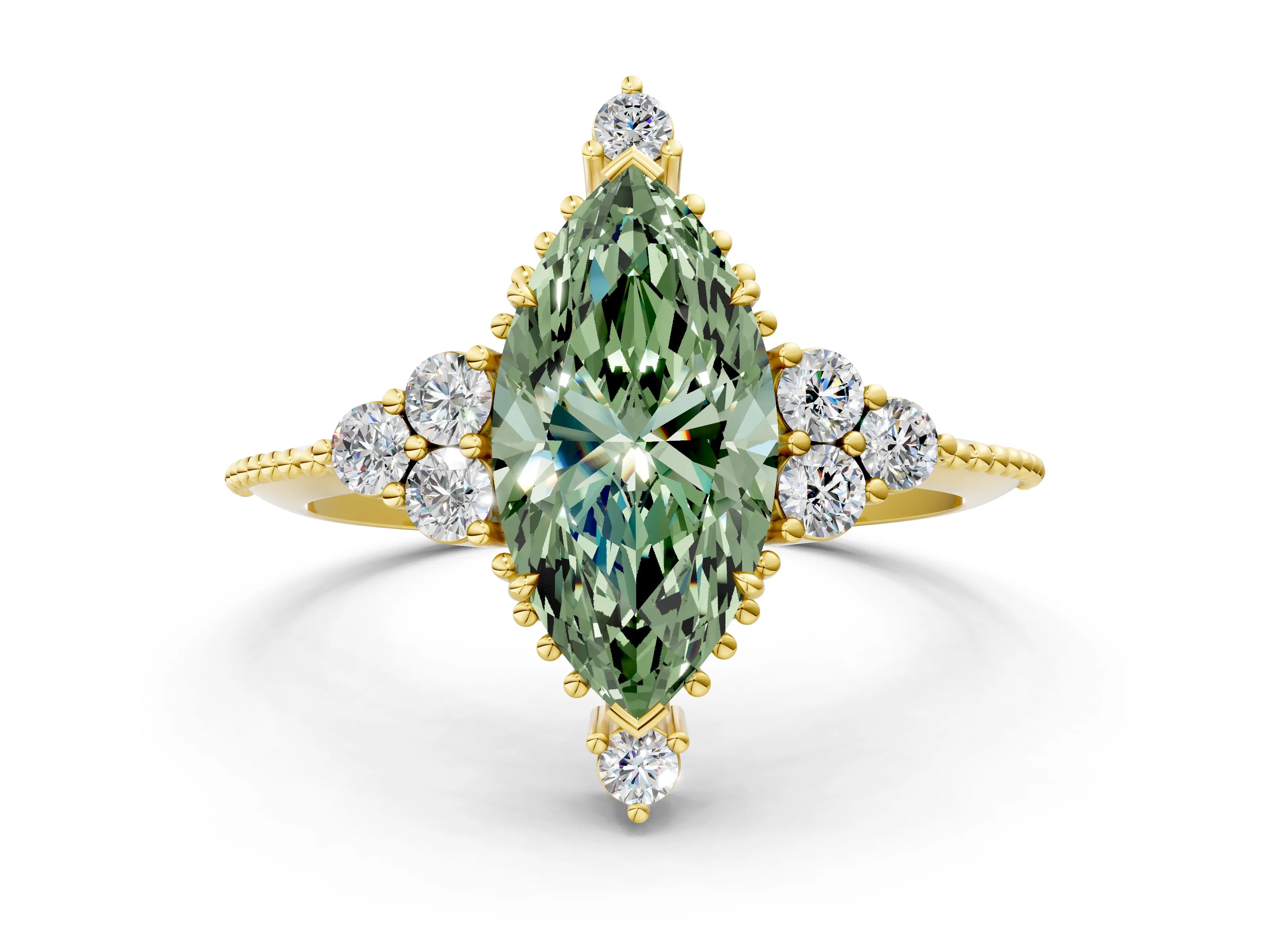Yellow gold Fancy Green Marquise Cut Brilliant Diamond with Cluster Setting on a Beaded Band and Four-Prong Setting