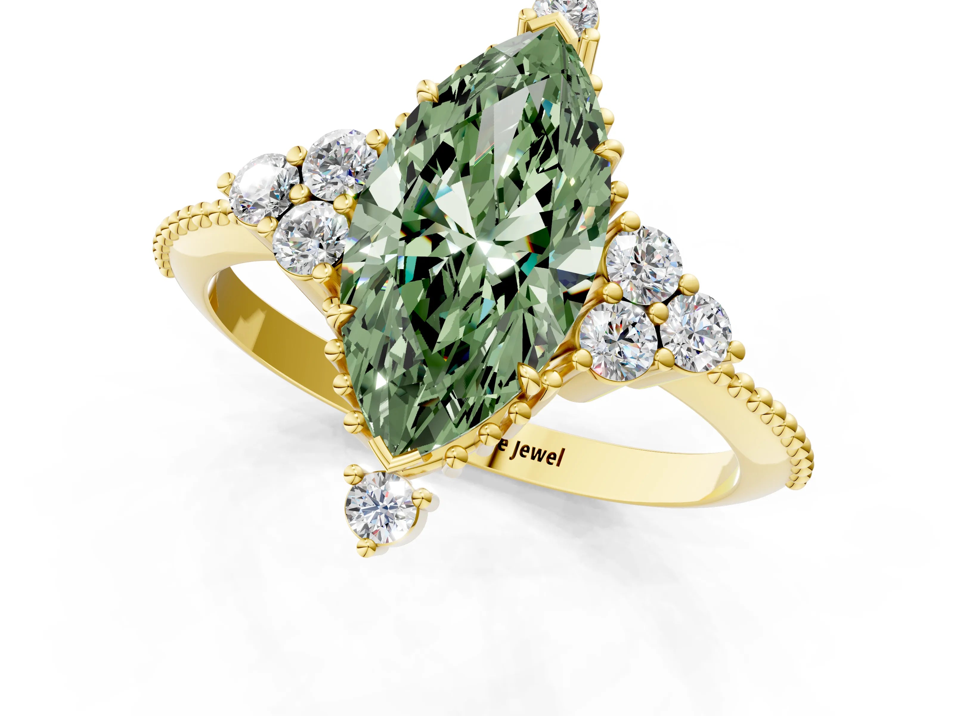 Yellow gold Fancy Green Marquise Cut Brilliant Diamond with Cluster Setting on a Beaded Band and Four-Prong Setting_1