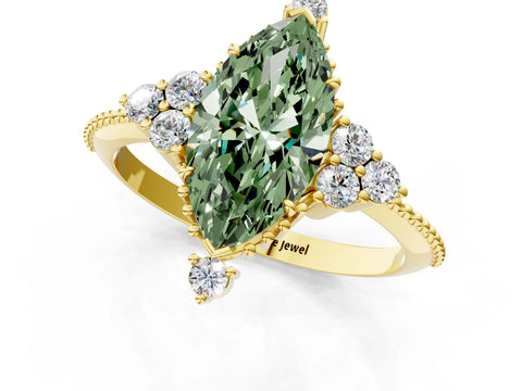 Yellow gold Fancy Green Marquise Cut Brilliant Diamond with Cluster Setting on a Beaded Band and Four-Prong Setting_1