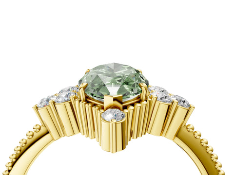 Yellow gold Fancy Green Marquise Cut Brilliant Diamond with Cluster Setting on a Beaded Band and Four-Prong Setting_4