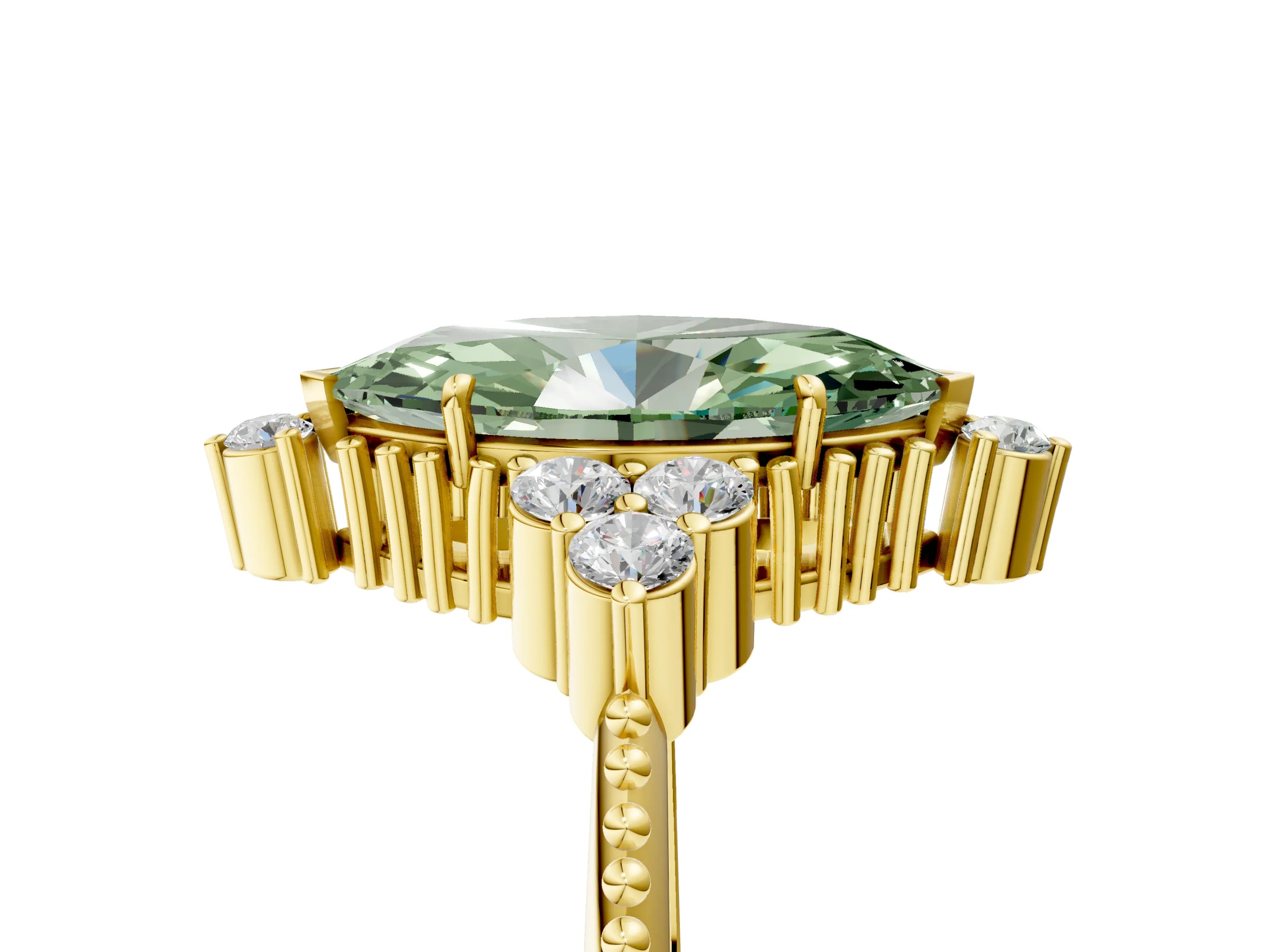 Yellow gold Fancy Green Marquise Cut Brilliant Diamond with Cluster Setting on a Beaded Band and Four-Prong Setting_5