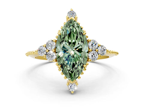 Yellow gold Fancy Green Marquise Cut Brilliant Diamond with Cluster Setting on a Beaded Band and Four-Prong Setting