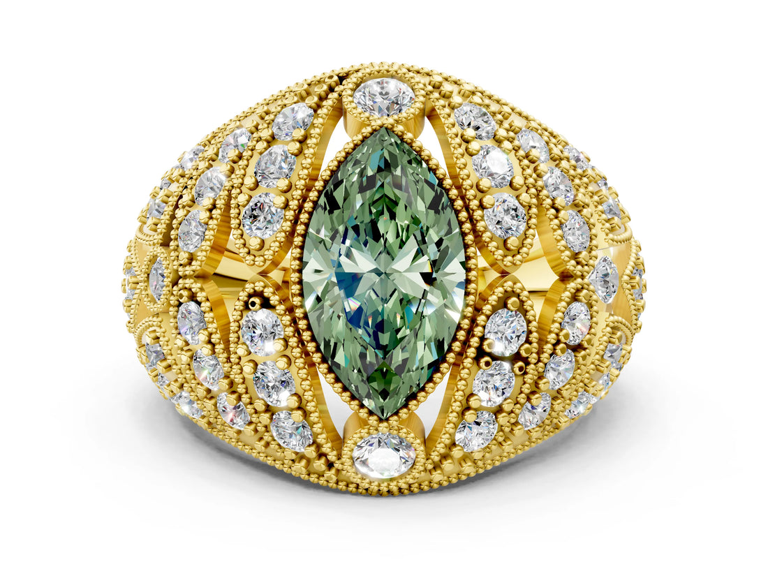 Yellow gold Fancy Green Marquise Cut Brilliant Halo Pave Diamond Milgrain Ring