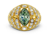 Yellow gold Fancy Green Marquise Cut Brilliant Halo Pave Diamond Milgrain Ring