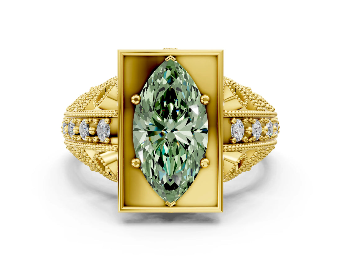 Yellow gold Fancy Green Marquise Cut Brilliant Milgrain Filigree Diamond Ring with Square Prong Setting_12