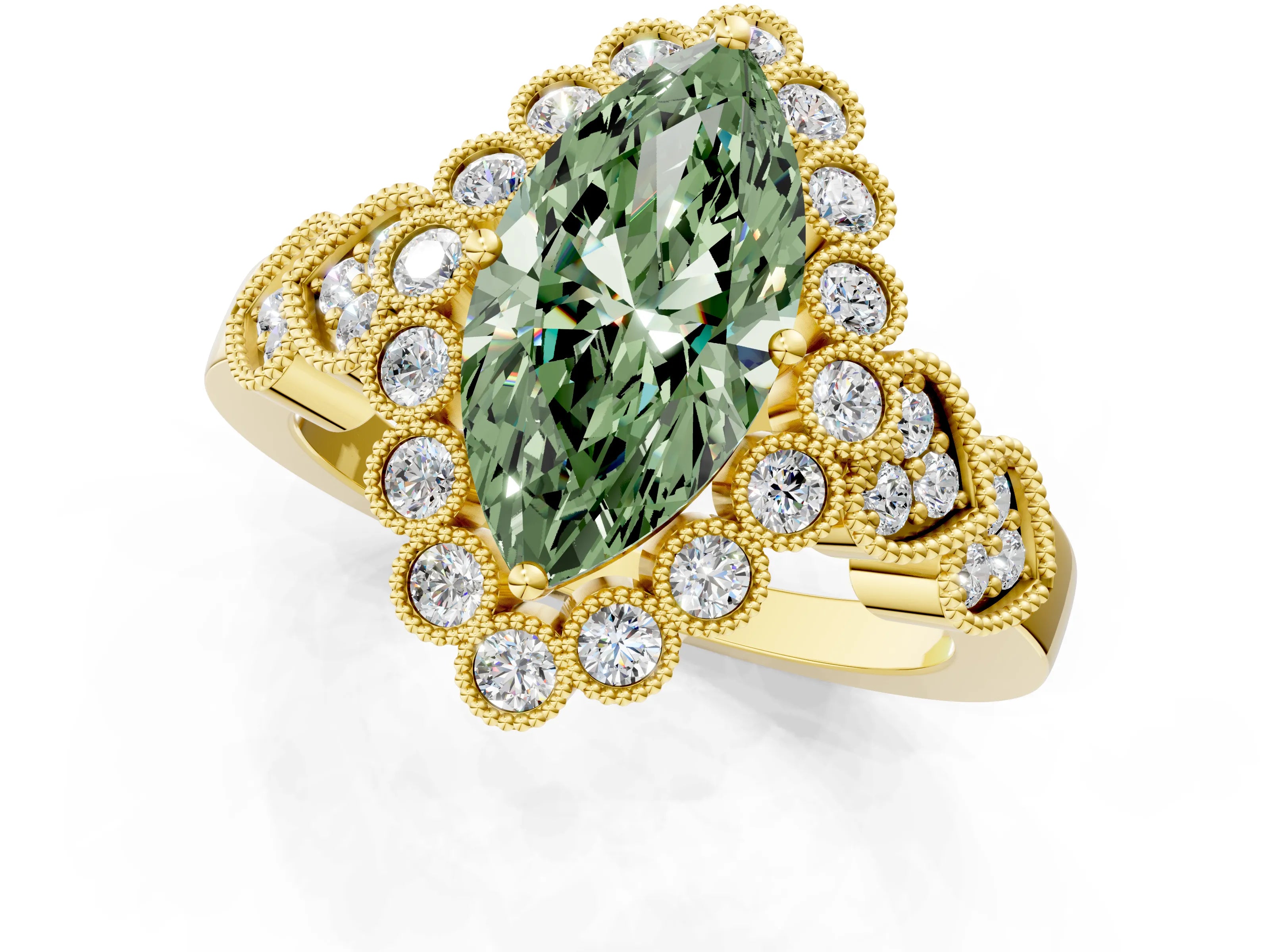 Yellow gold Fancy Green Marquise Cut Brilliant Milgrain Pave Heart Band Solitaire Ring_1