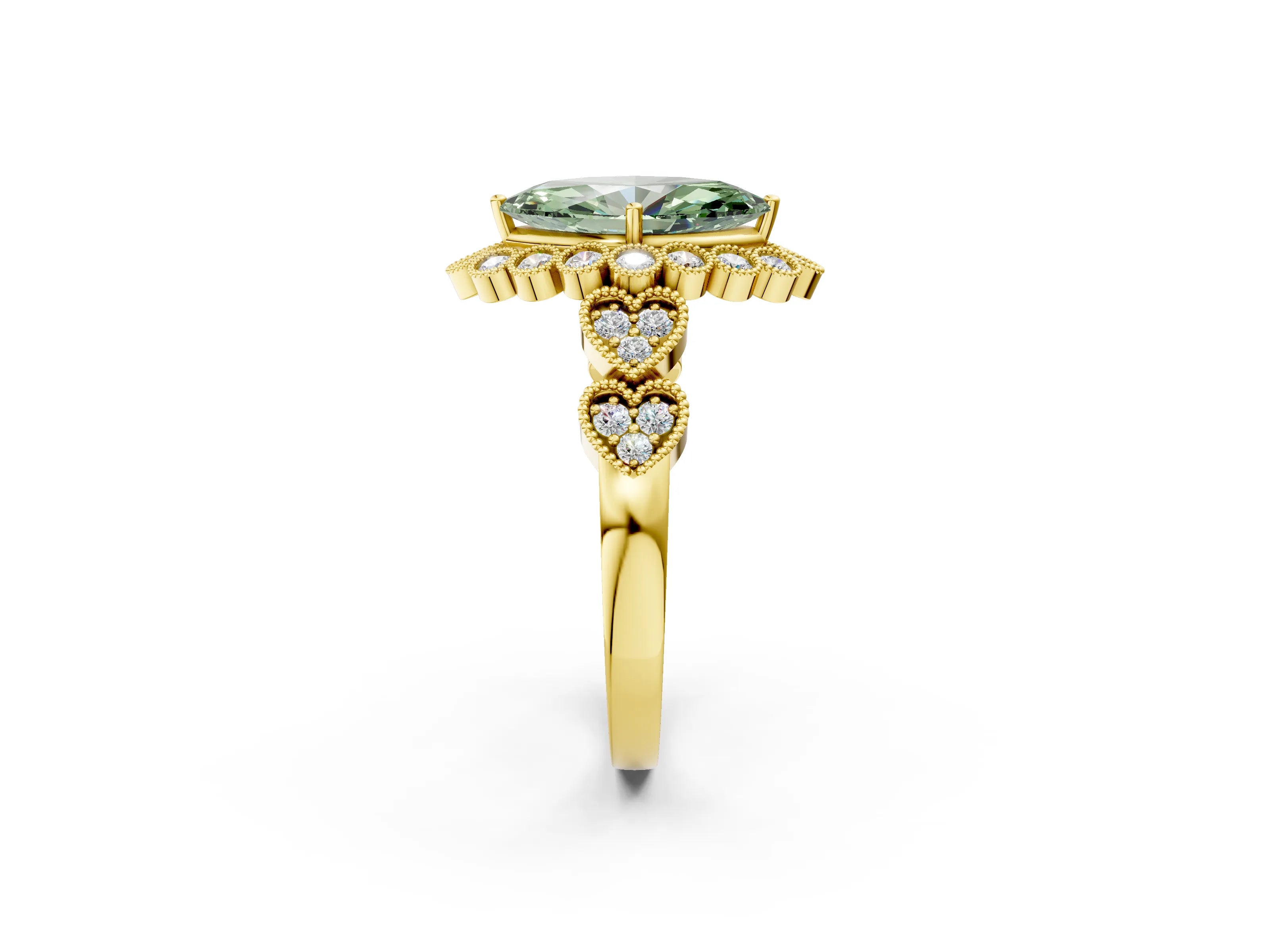 Yellow gold Fancy Green Marquise Cut Brilliant Milgrain Pave Heart Band Solitaire Ring_2