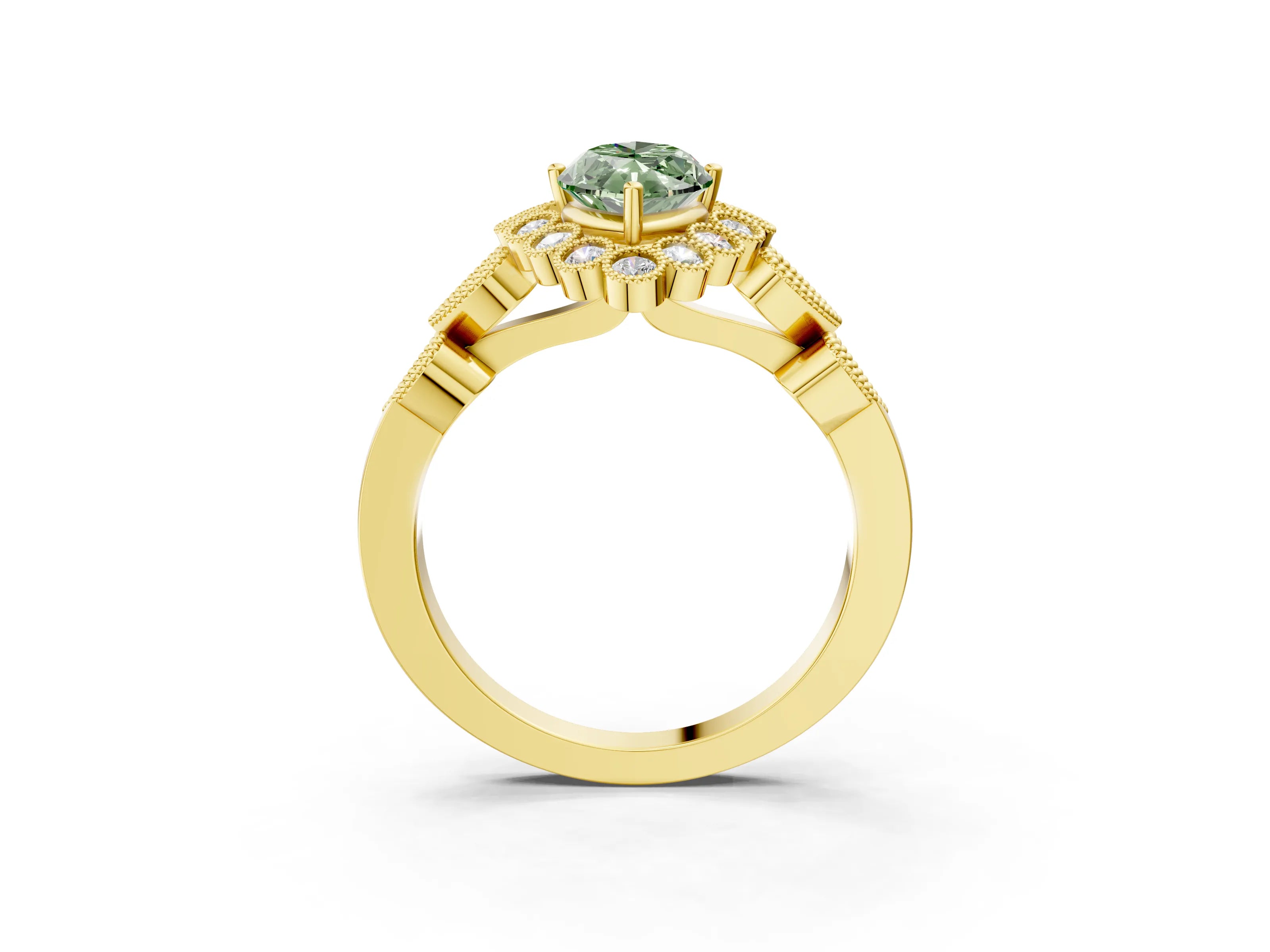 Yellow gold Fancy Green Marquise Cut Brilliant Milgrain Pave Heart Band Solitaire Ring_3