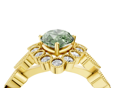 Yellow gold Fancy Green Marquise Cut Brilliant Milgrain Pave Heart Band Solitaire Ring_4