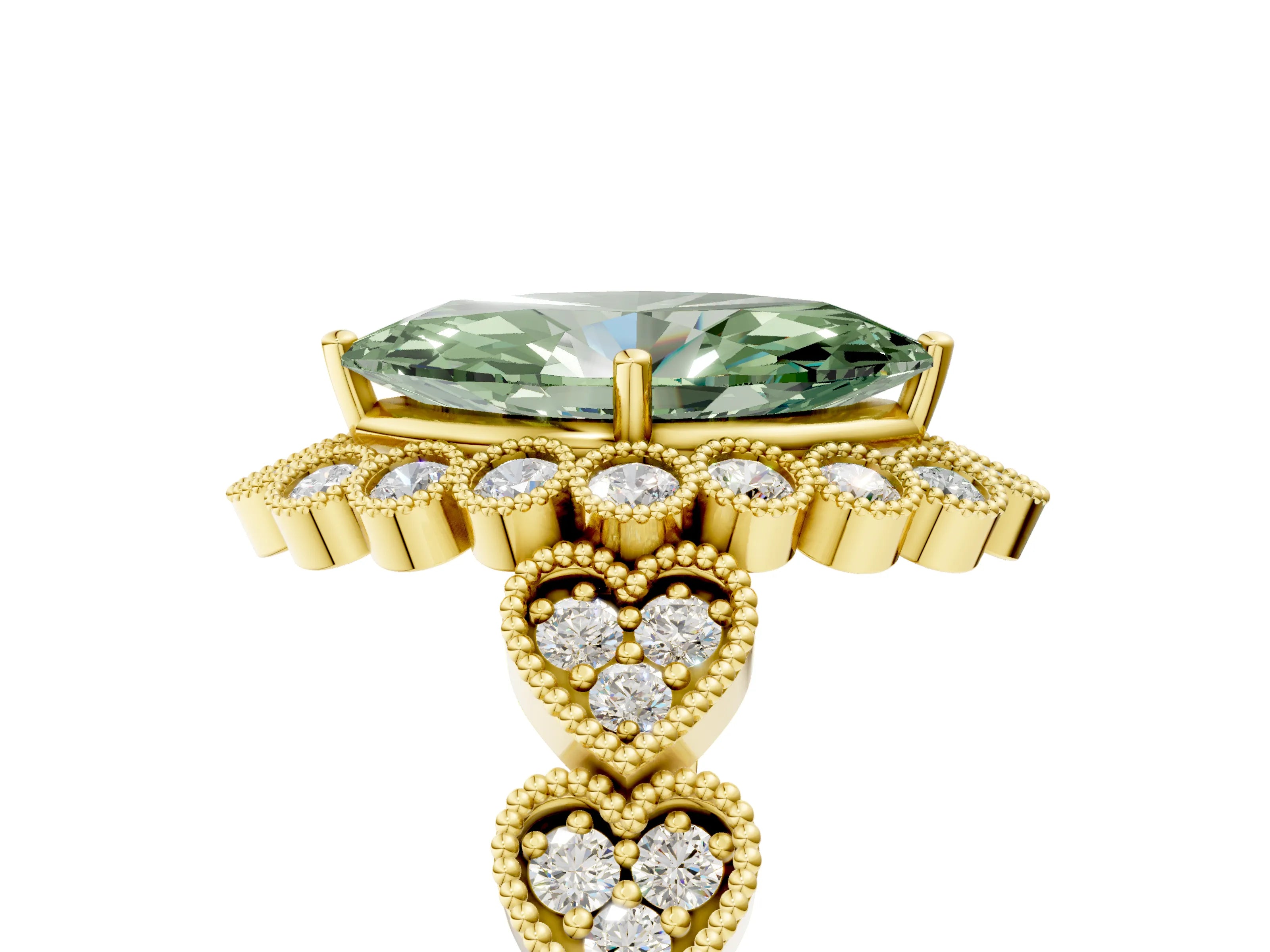 Yellow gold Fancy Green Marquise Cut Brilliant Milgrain Pave Heart Band Solitaire Ring_5