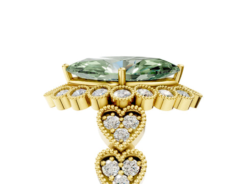 Yellow gold Fancy Green Marquise Cut Brilliant Milgrain Pave Heart Band Solitaire Ring_5