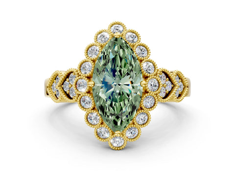Yellow gold Fancy Green Marquise Cut Brilliant Milgrain Pave Heart Band Solitaire Ring
