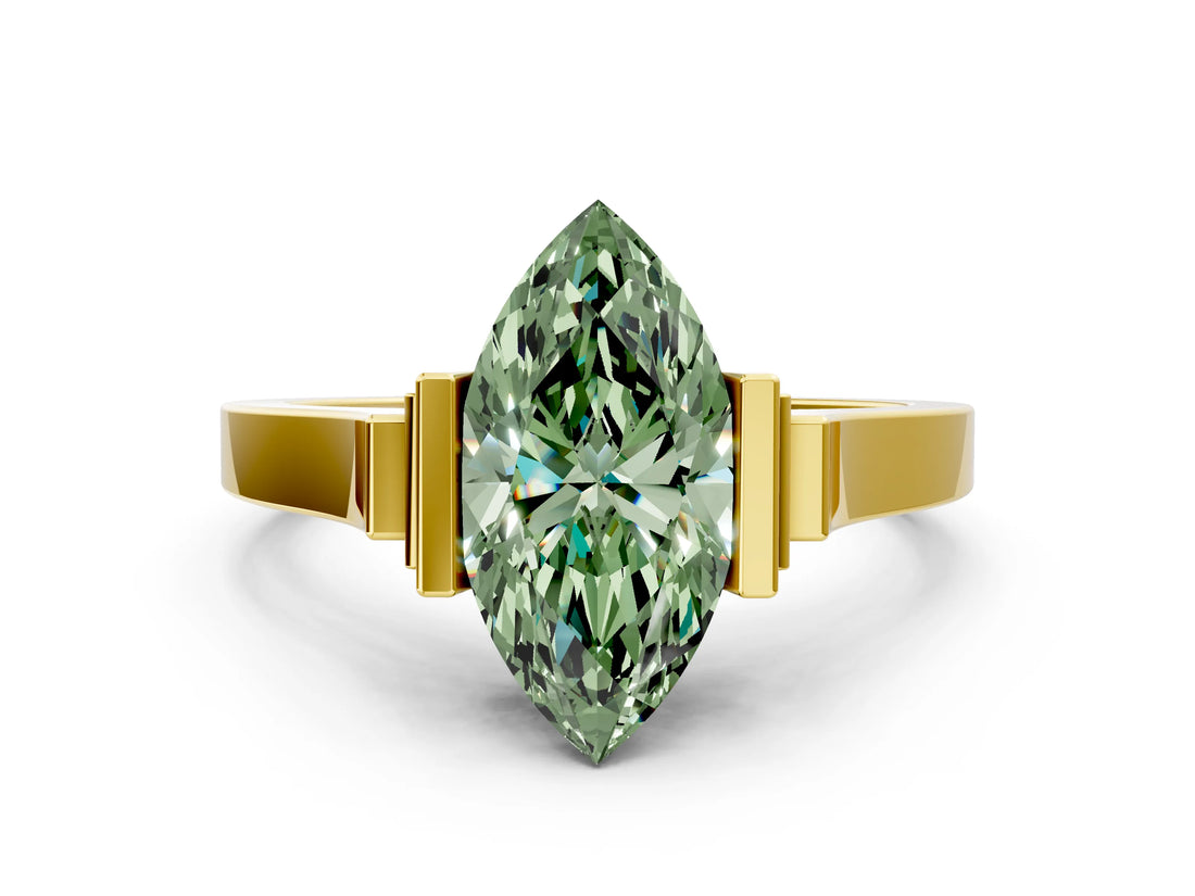 Yellow gold Fancy Green Marquise Cut Brilliant Solitaire Diamond Ring with Channel Set Band and Bar Prong Setting_12