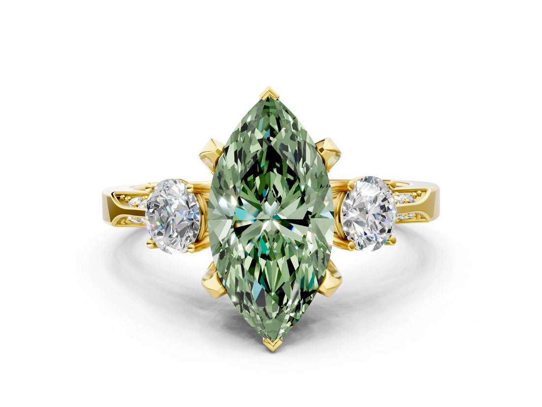 Yellow gold Fancy Green Marquise Cut Brilliant Three-Stone Diamond Ring with Pavé Band and Four-Prong Setting_3