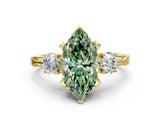 Yellow gold Fancy Green Marquise Cut Brilliant Three-Stone Diamond Ring with Pavé Band and Four-Prong Setting_3