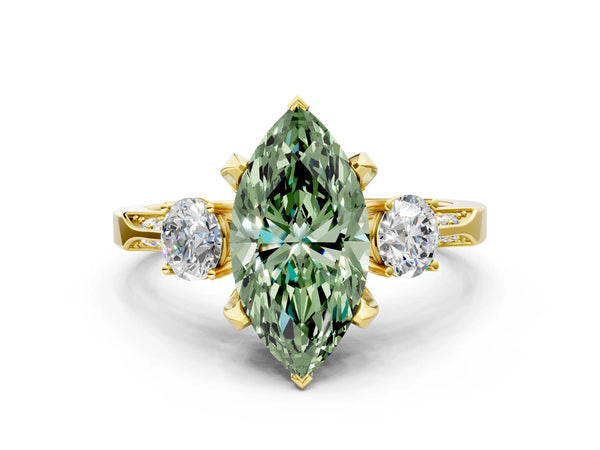 Yellow gold Fancy Green Marquise Cut Brilliant Three-Stone Diamond Ring with Pavé Band and Four-Prong Setting