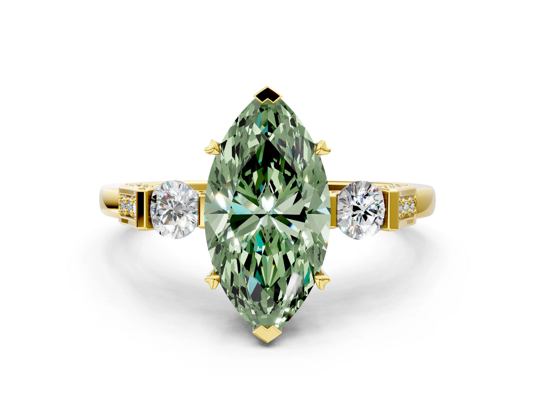 Yellow gold Fancy Green Marquise Cut Brilliant Three-Stone Pave Band with Four-Prong Setting