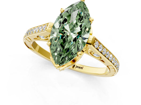Yellow Gold Marquise Cathedral Engagement Ring Setting for Fancy Green Center with Pave Shoulders