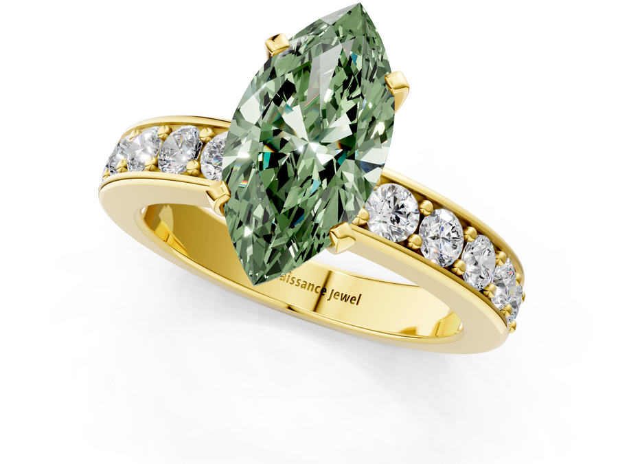 Yellow gold Fancy Green Marquise  Cut Channel Set Diamond Engagement Ring with Four-Prong Setting