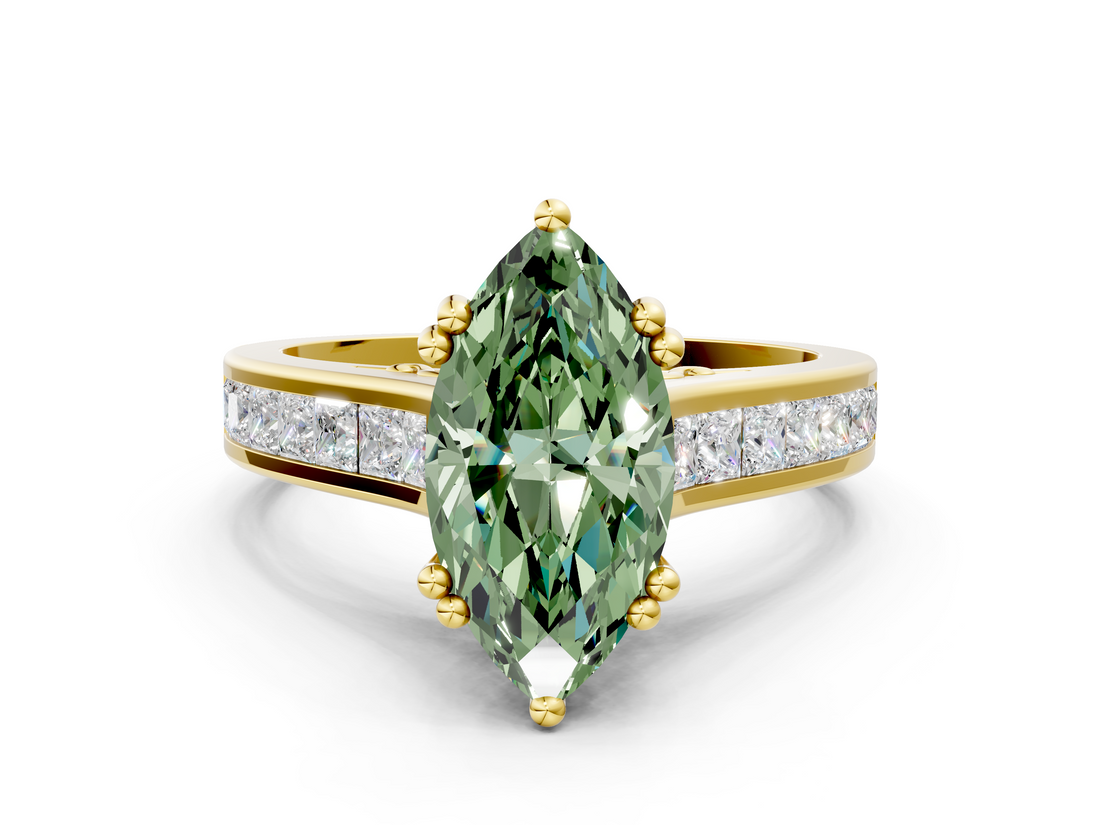 Yellow gold Fancy Green Marquise  Cut Channel Set Solitaire Engagement Ring with Prong Setting_20