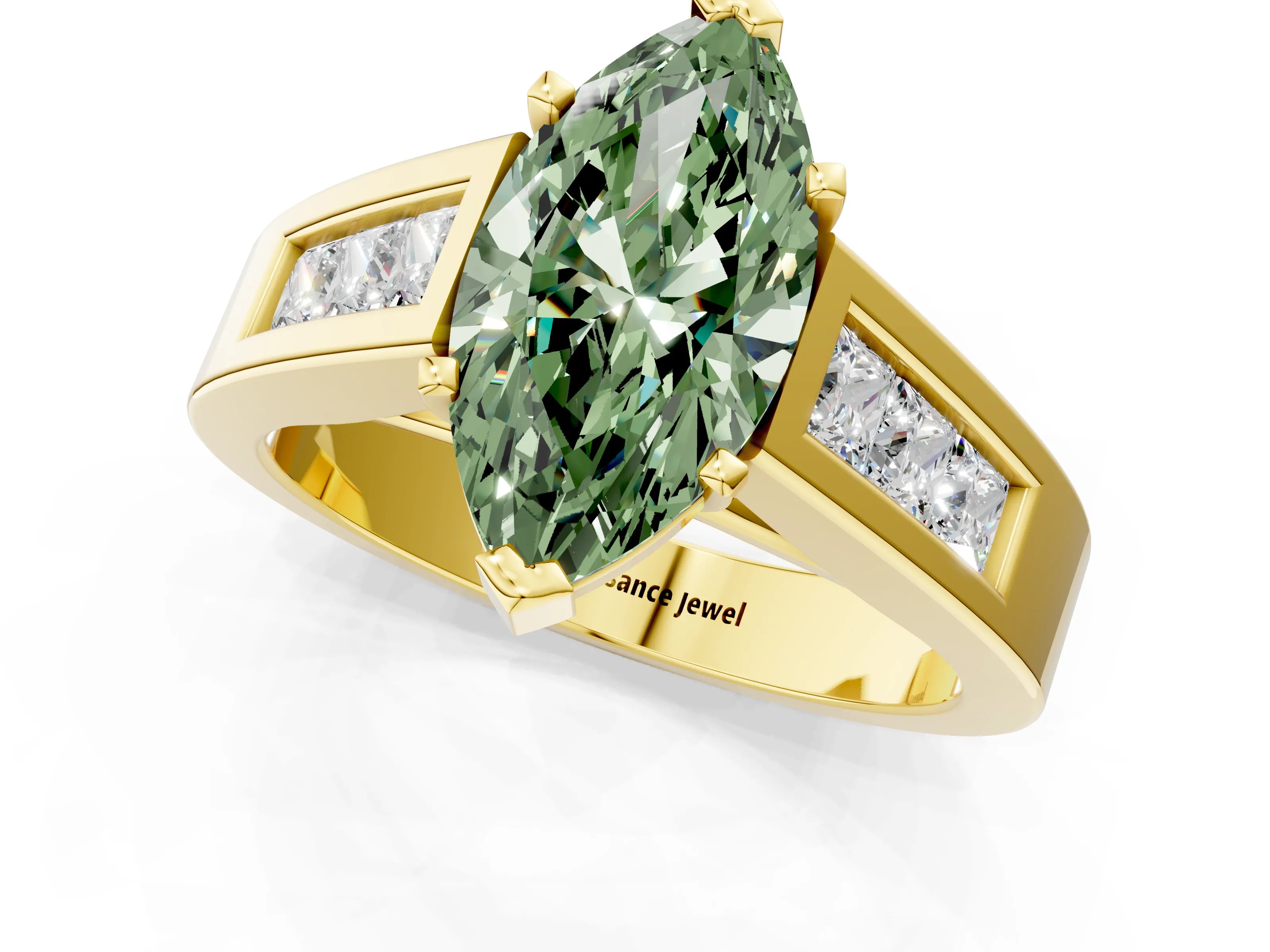 Yellow gold Fancy Green Marquise Cut Cut Channel Set Solitaire Ring with Four-Prong Setting_1