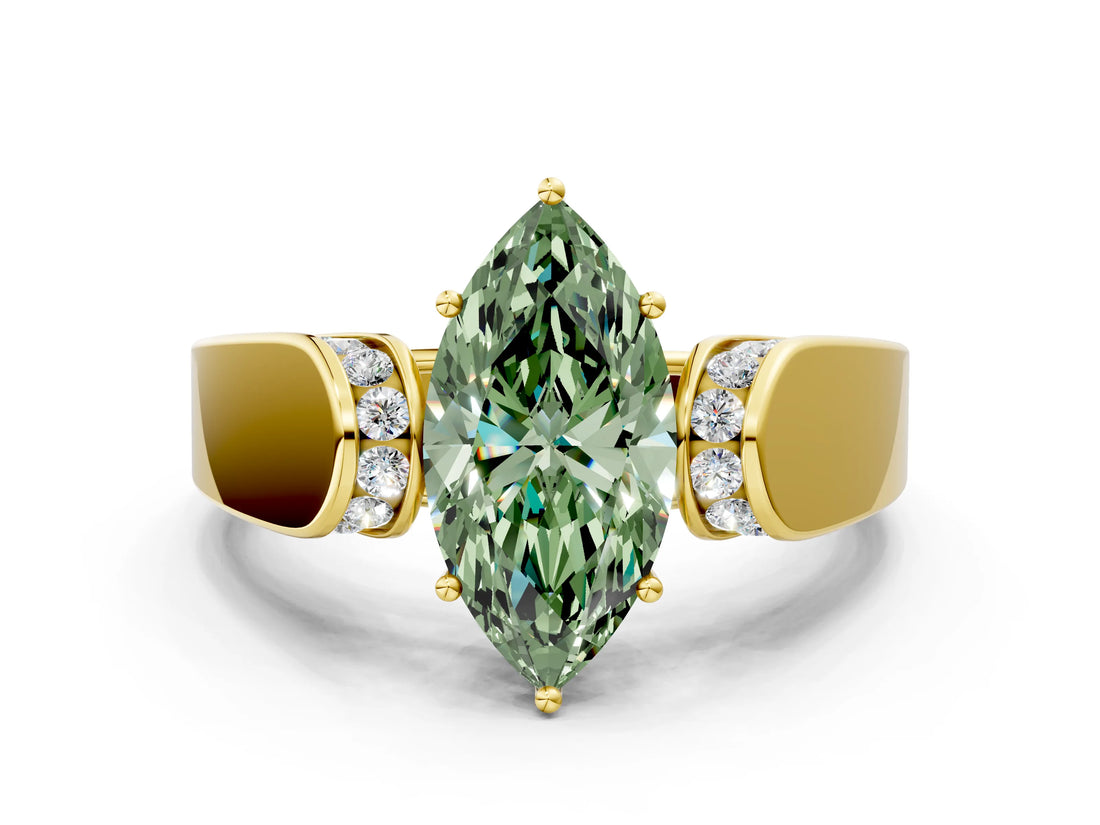 Yellow gold Fancy Green Marquise Cut Cut Diamond Channel Set Solitaire Ring with Four-Prong Setting