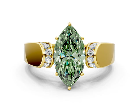 Yellow gold Fancy Green Marquise Cut Cut Diamond Channel Set Solitaire Ring with Four-Prong Setting